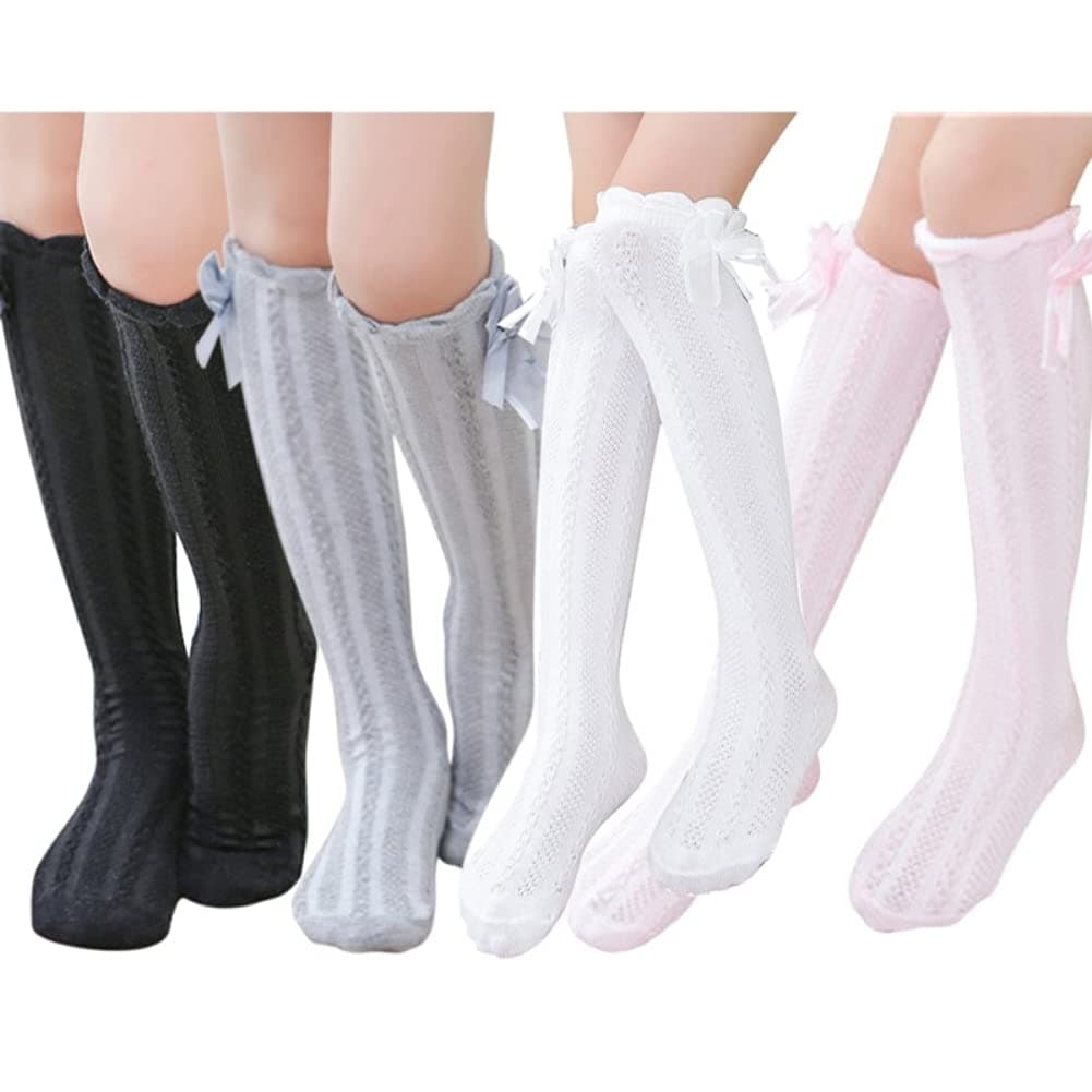 Little Girl's Knee High Socks Over Calf Kids Overknee Stockings Bow Style 3-12T(Pink/White/Grey/Black)