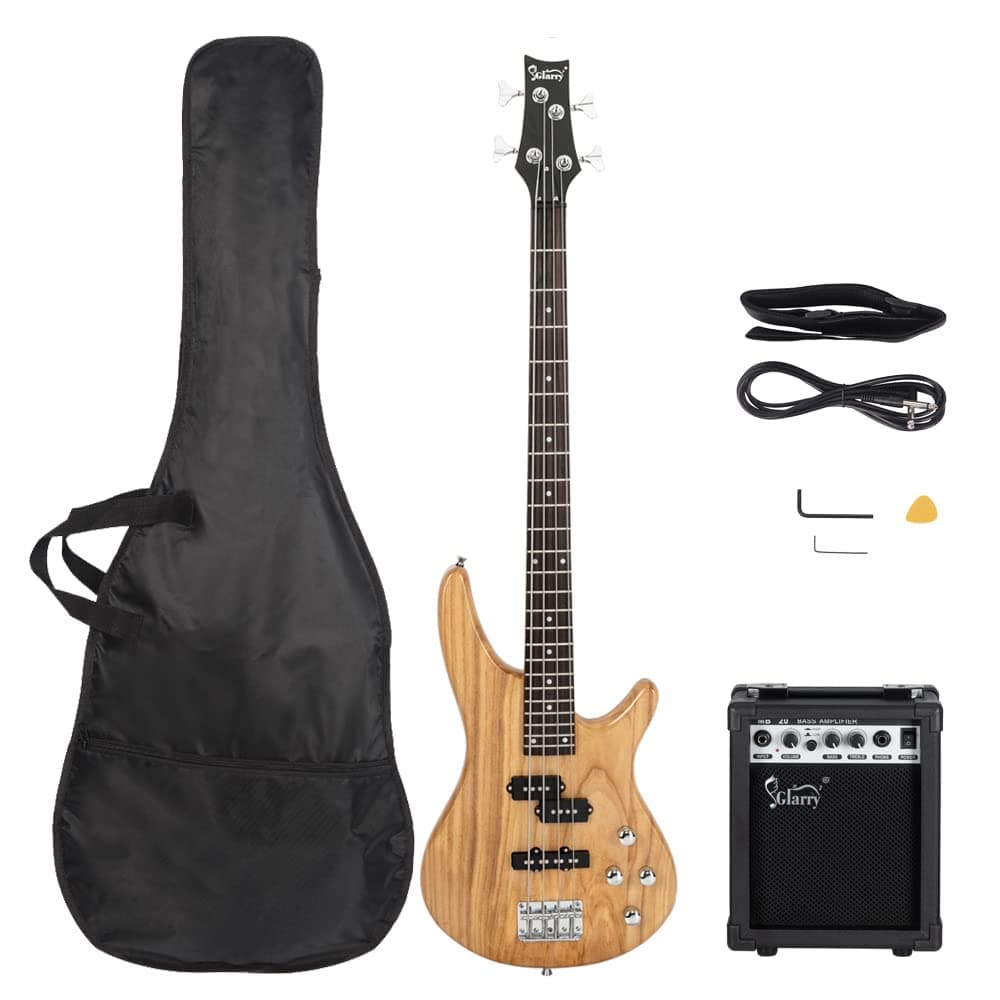 GIB Series 4 String Electric Bass Guitar Beginner Kit Full Size with 20W AMP, Strap, Bag and Accessories (Burlywood)