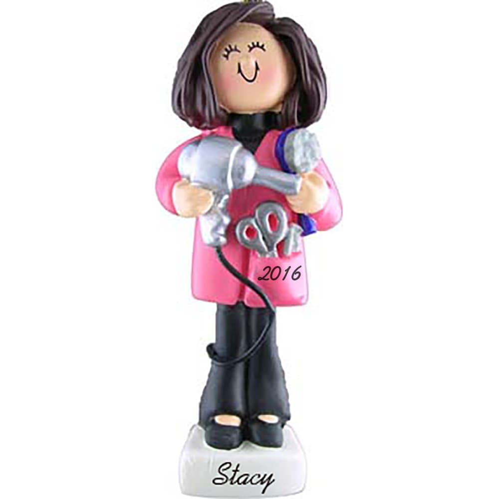 Hairdresser Personalized Christmas Ornament - Female - Brunette Hair - Handpainted Resin - 4" Tall - Free Customization by Calliope Designs