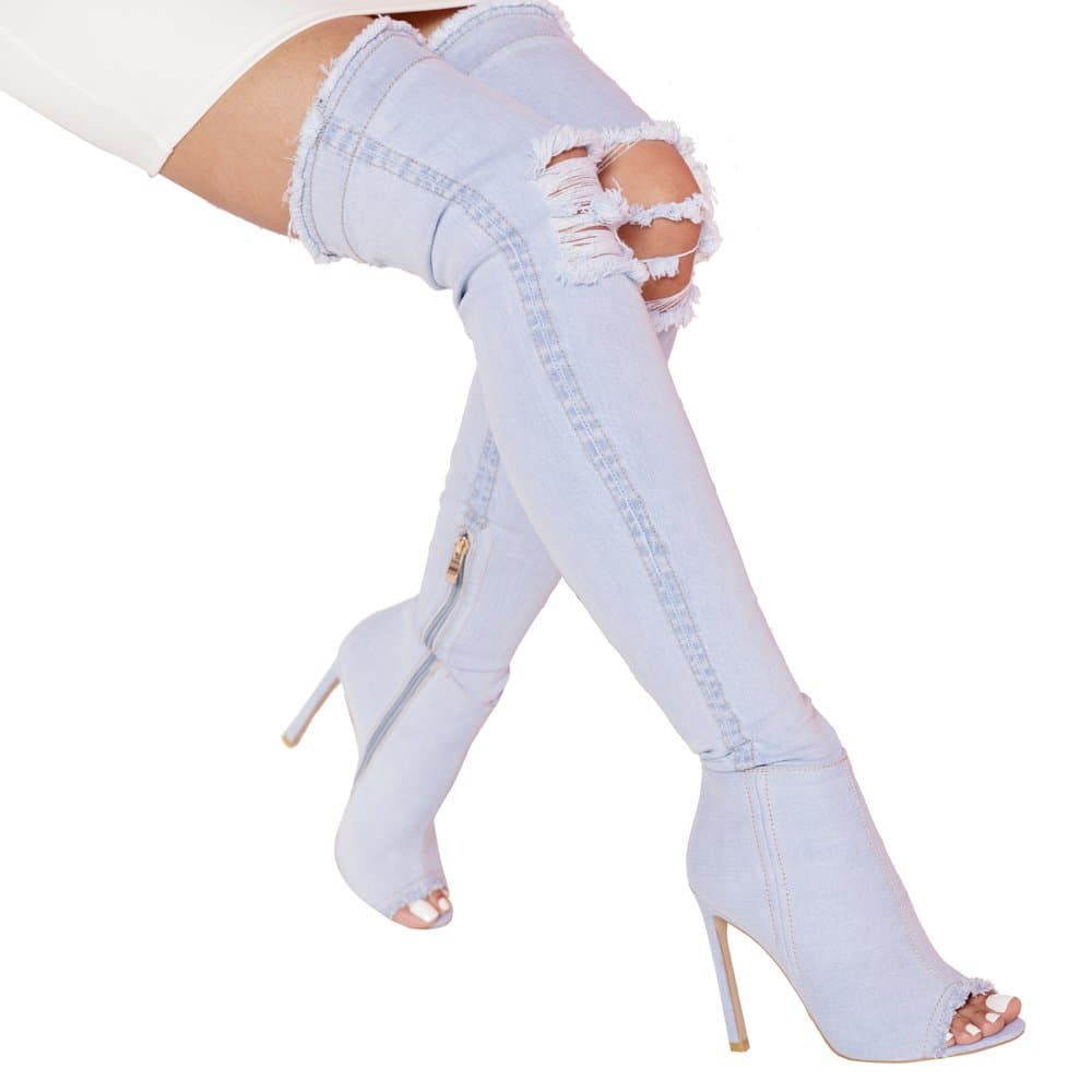 STASSI Womens Over The Knee Distressed Thigh High Denim Boots (10, Light Blue Denim)