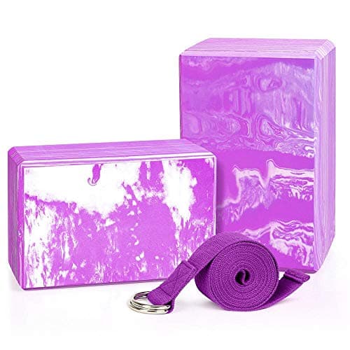 QF Yoga Blocks Plus Yoga Strap with Metal D-Ring, 9"x6"x4" 2 Pack Eco-Friendly EVA Foam Block - High Density Exercise Brick Soft Non-Slip Surface for Yoga, Pilates, Meditation, Workout, Fitness & Gym
