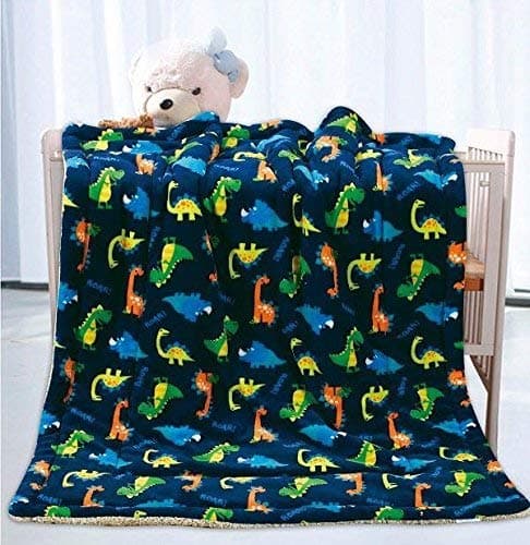 Fancy Linen Faux Fur Flannel Soft Baby Boys Kids Throw Blanket with Sherpa Backing Warm and Cozy Stroller or Toddler Bed Blanket 40"x 50" Dinosaur Blue Navy Blue Green New
