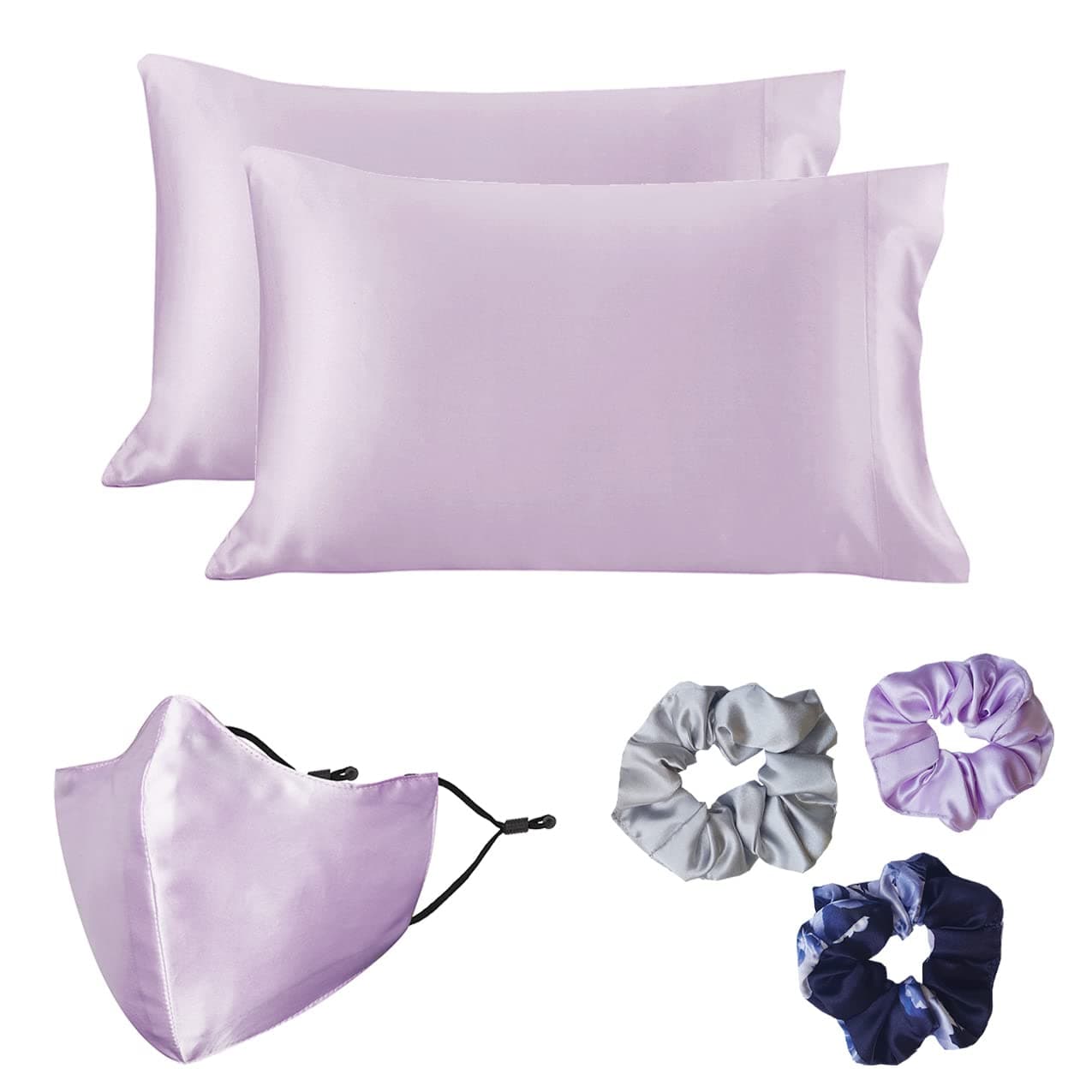 Milano Home Two-Pack Silk Satin Pillowcases Set for Hair & Skin Cool and Easy to WASH Standard Size 28x18 with Envelope Closure (Purple) | Free Satin Face Mask + 3 Scrunchies