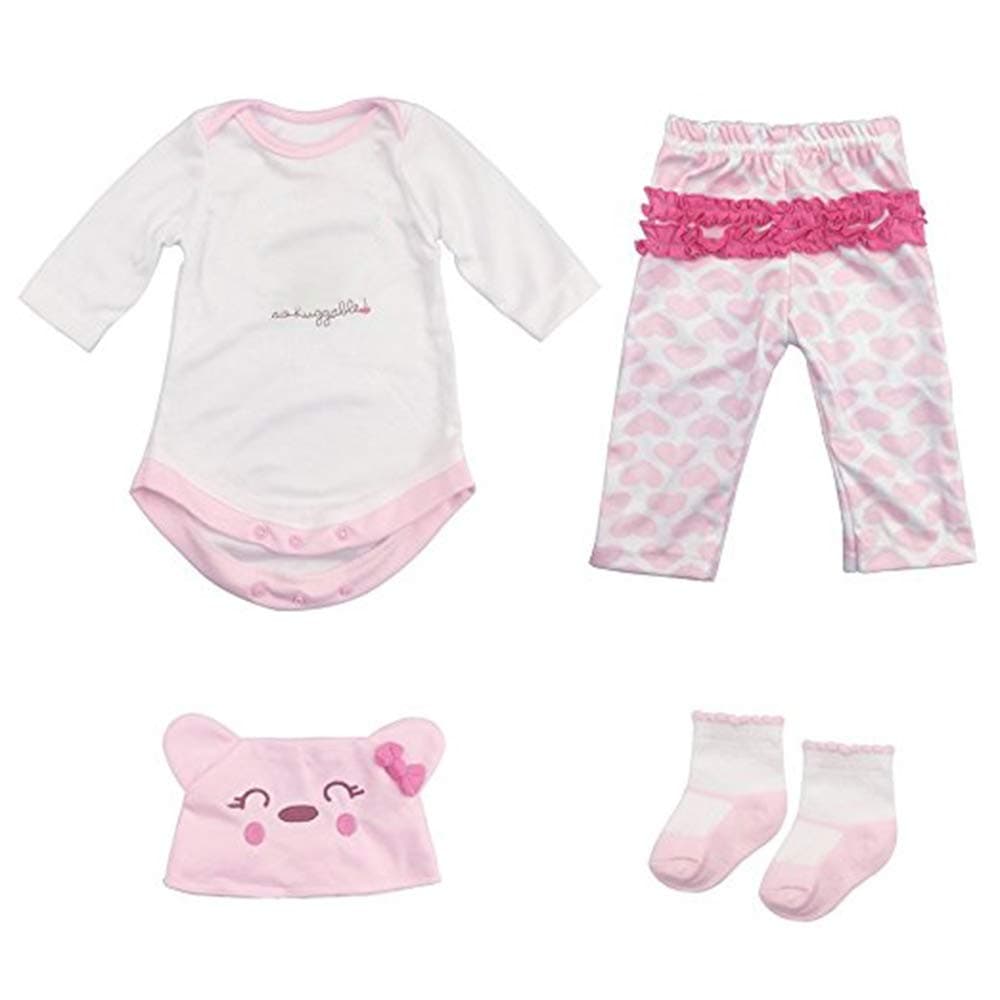 Reborn Baby Doll Outfits Accessories 4 Piece Set for 20"- 22" Newborn Girl White Baby Jumpsuit and Light Pink