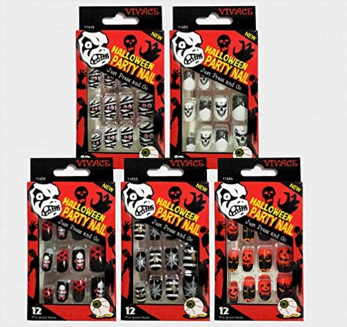 Vivace 5Pack 60Tips Press On Halloween Novelty Nails, Sticker Nails (Ghost)