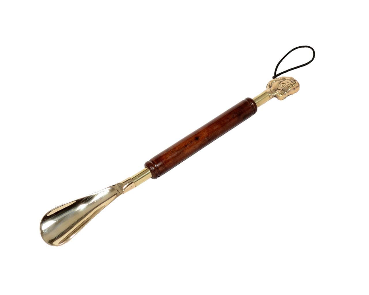 Metal Solid Brass Shoe Horn with Mahogany Wooden Handle and Brass Horse's Head, 16 Inch Long
