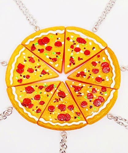 Reizteko Bling Silver Friend Friendship Couple Lovely Mini Pizza Slice Metal Necklace Set (7 Pcs-1 Set)