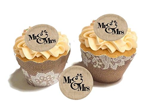 48 Burlap Vintage Style Pre Cut Mr & Mrs Wedding Edible Wafer Cupcake Disc Decorations Toppers