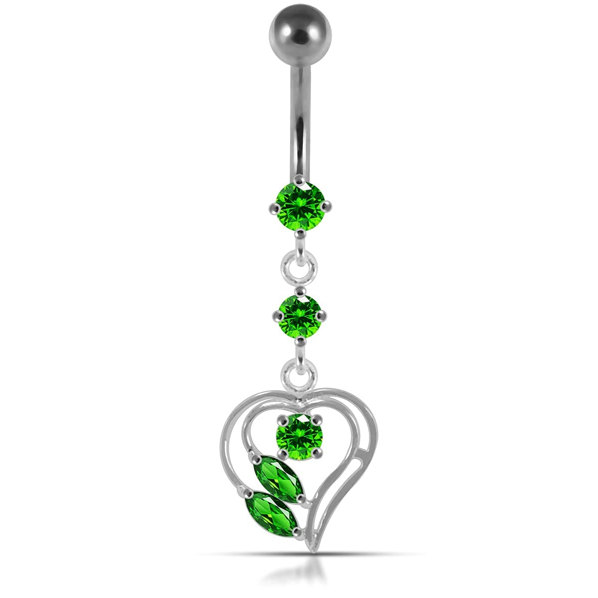 CZ Crystal Stone 2 Round with Cut Out Heart Dangling 925 Sterlingl Silver Belly Ring Body Jewelry