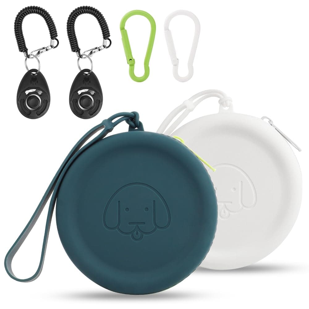 Silicone Dog Treat Pouch Small Bag,with Pet Training Clicker,Walking Bag for Dog and Cat, Pocket Size,Easy to Clean,Odorless,Zipper Design,Moisture-proof,Travel Walking Bag (Dark Green&White)