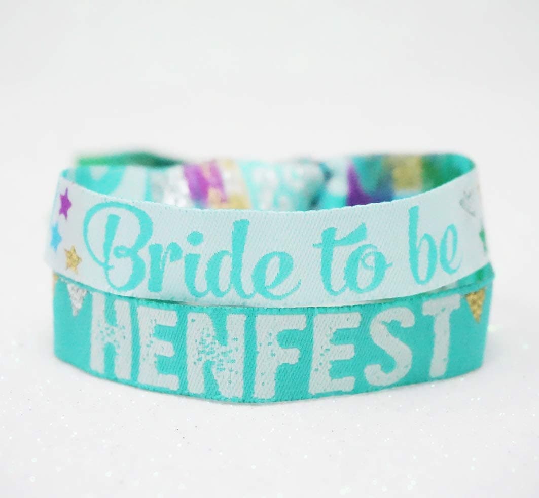 HENFEST teal/Green festival style Hen Party Wristbands (Pack of 10) lockdown hen do accessories, hen party favours