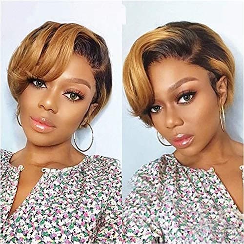 DreamPack Pixie Cut Short Bob Wigs Ombre Blonde Brazilian Human Hair Wigs With Free Part Side Bangs For Black Women Pixie Cut Lace Front Wigs (OT1B/27)