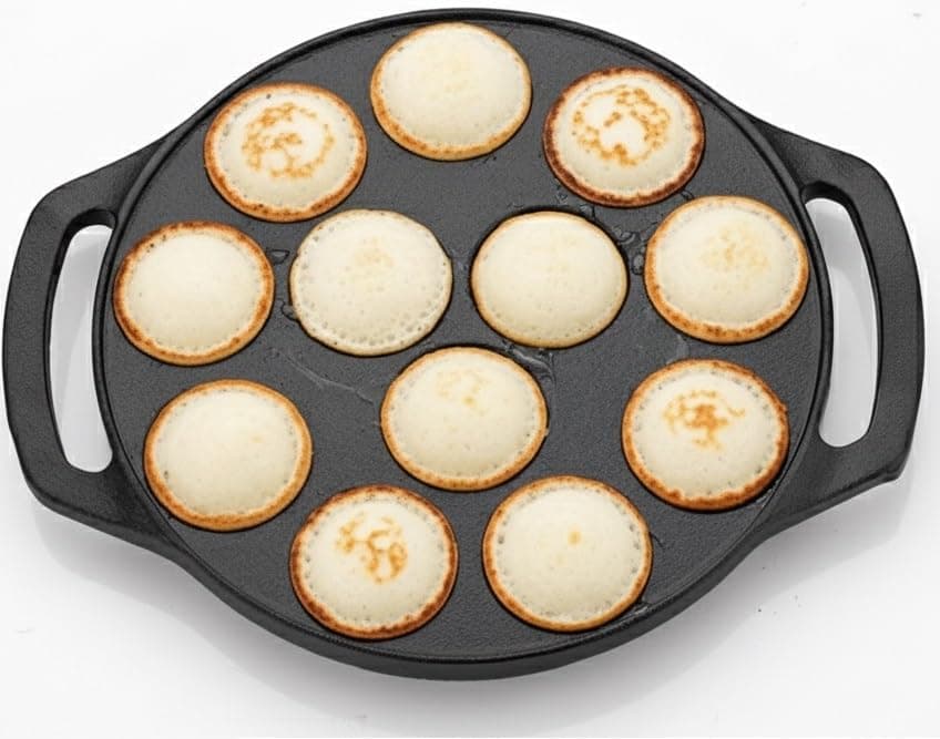 ROSTON Cast Iron Paniyaram Appam Pan Appe Ponganalu Pan Chatti Appam Maker, Cast Iron Induction Base, Black (12 Cups)
