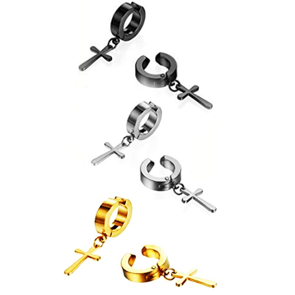 3 Pairs Stainless Steel No Piercing Cross Hoop Dangle Earrings for Men Women,Hypoallergenic…