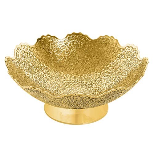 Zap Impex Pure Golden Plated Brass Decorative dry Fruit Bowl carving Work - Size- 7" Beautiful Peacock design Kitchenware Gift