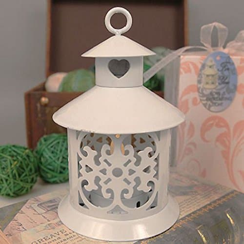 "LED by the Heart" White Steel Lantern with Heart Decoration and LED Lighted Candle