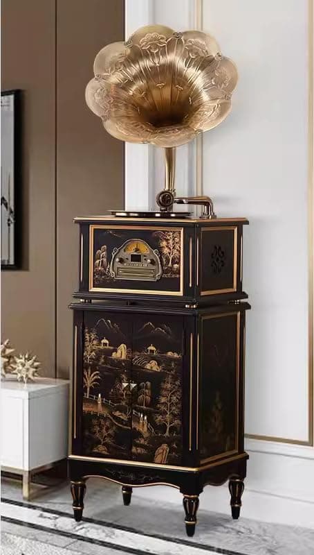 Retro Gramophone, Retro Floor-Standing Vinyl Turntable, Old School Vinyl Record Player, Classic Gramophone, Turbine Tonearm, CD/U Disk/Wireless Connection/Radio, Vintage Decor,Black