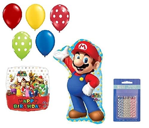 Super Mario Brothers 7 Piece Mylar Latex Balloon Bouquet Party Decorations Birthday Plus Candle