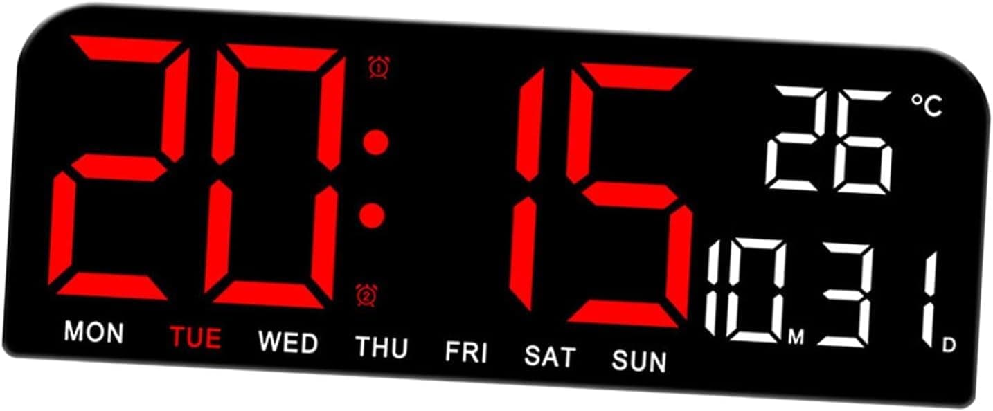 Plastic Digital Wall Clock with Large Display, LED Digital Clock with Auto Dimmer, 12/24H Format, DST, Date, Week, and Temperature Display, Electric Wall Clock for Home, Office (Red)