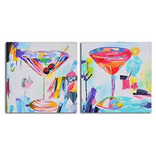 TJie Art Hand Painted Mordern Oil Paintings Confetti Cocktails 2-Piece Canvas Wall Art Set Colorful modern artwork for home bar or decor,Hand-painted by artist with acrylics on canvas,Painting comes gallery wrapped and stretched,set on wooden frames