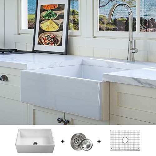 LUXURY 26 inch Modern Farmhouse Ultra-Fine Fireclay Kitchen Sink in White, Single Bowl, Flat Front, includes Grid and Drain, FSW1000 by Fossil Blu