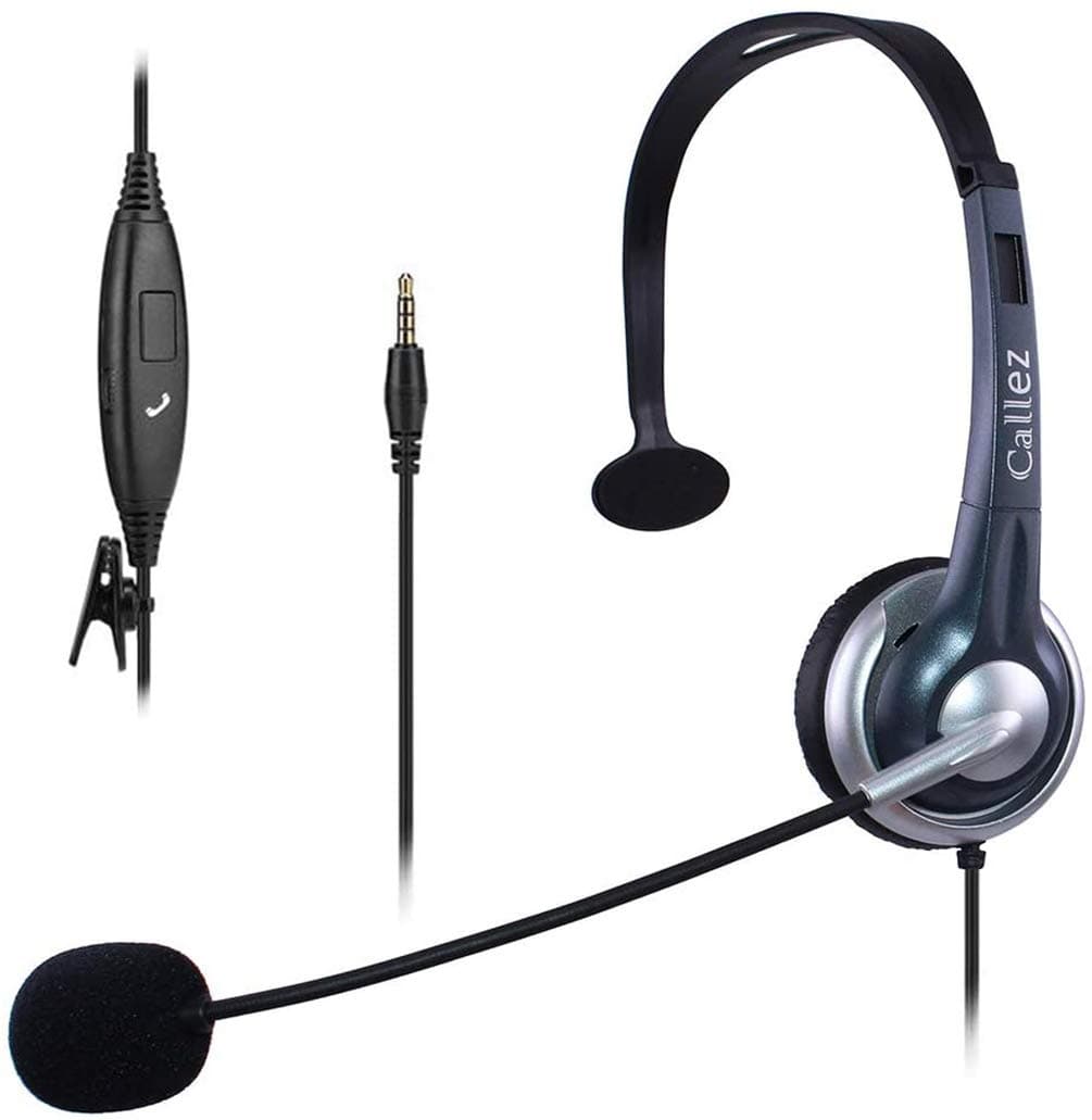 Callez Cell Phone Headset 3.5mm Mono, Wired Trucker Headsets with Noise Canceling Mic for iPhone Samsung Huawei BlackBerry LG Skype Podcast (W300E1)