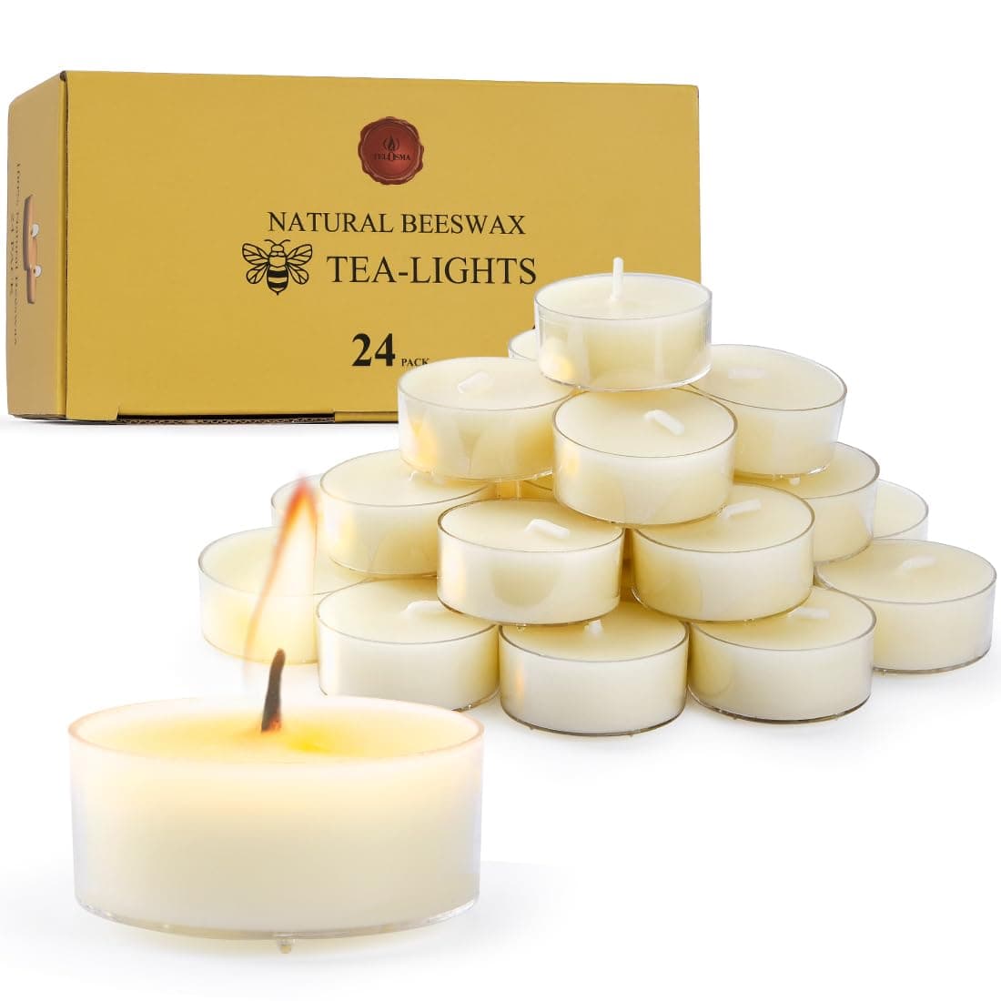 TELOSMA Natural Beeswax Tealight Candles - 24 pcs - Organic Small Candle Natural Scent Smokeless Clean Burning-White