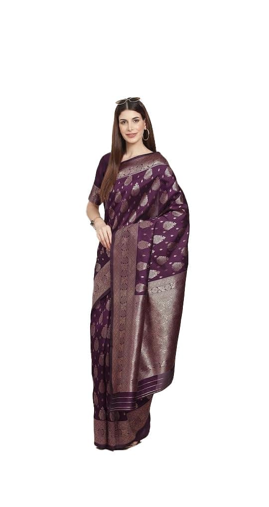 ULOS Women's Ethnic Butta Woven Purple Coloured Banarasi Silk Blend Saree with Blouse