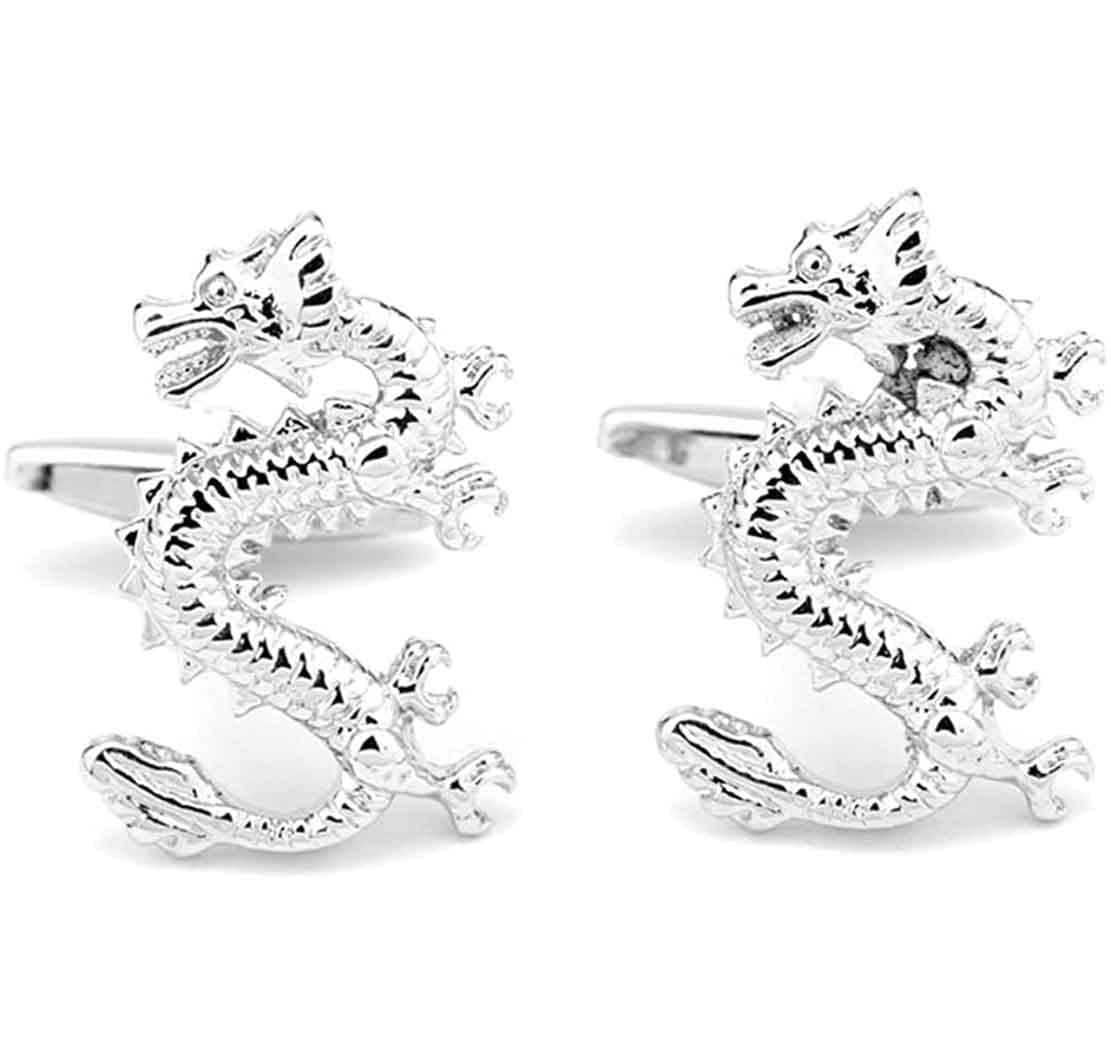 Sadiyamo1 Pair Men's Silver Chinese Dragon Cufflinks Shirt Suit Tuxedo Studs Cuff Links Set