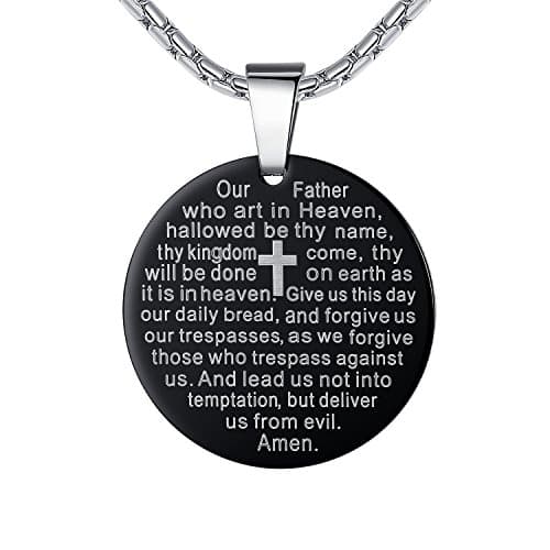 Aoiy Stainless Steel Lord's Prayer and Cross Medallion Pendant Necklace, Unisex, 21" Chain