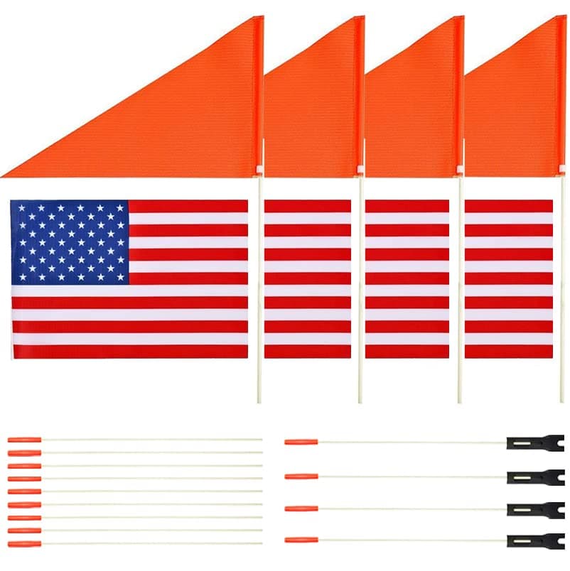 4Pcs Bike Safety and USA Flags - Six Foot Heavy Duty Fiberglass Pole, Polyester Full Color Tear-Resistant Waterproof Orange Safety and American Flags