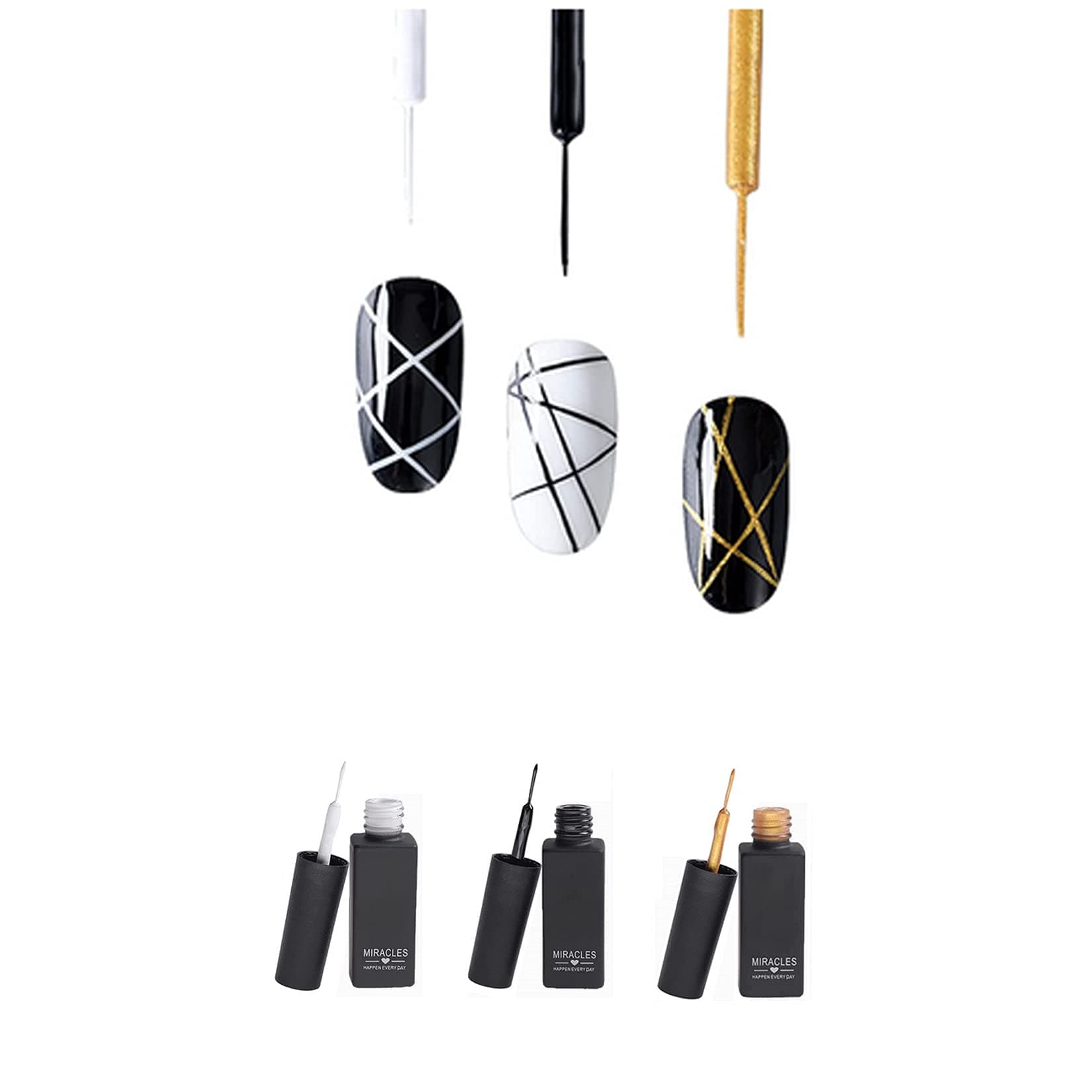 Frenshion3Pcs 8ML Classic DIY 3D Gel Nail Designs Painted Gel Nail Polish, Painting Drawing UV Led Gel Liner Polish Pen Tool,Pull Line Pen for Nail Art Salon-Black+White+Gold