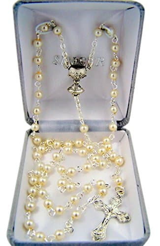 First Communion Petite Cream Glass Prayer Bead Rosary Necklace with Chalice Centerpiece, 18 Inch