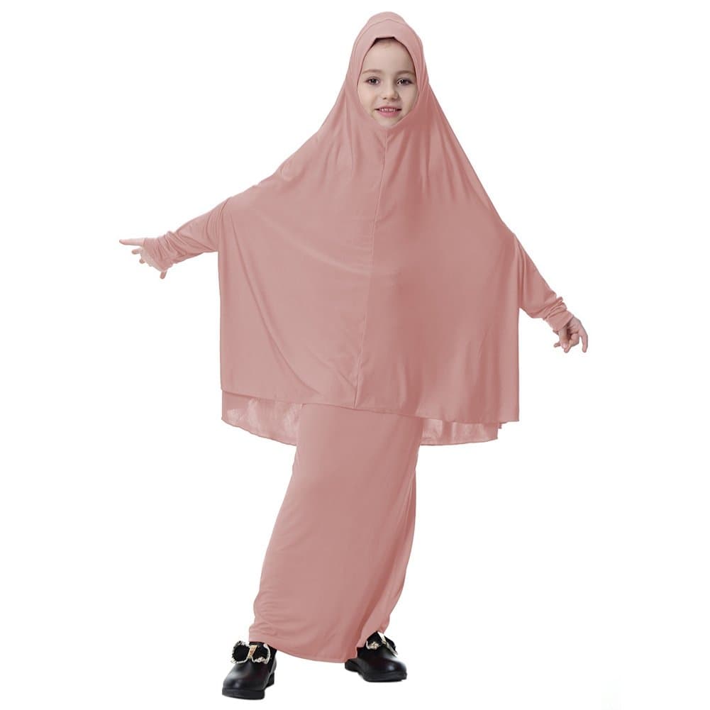 MinuyaKaftan Dress for Girls, Islamic Muslim Full Length Solid Color Abaya Dress Arab Prayer Set for Kids Girls