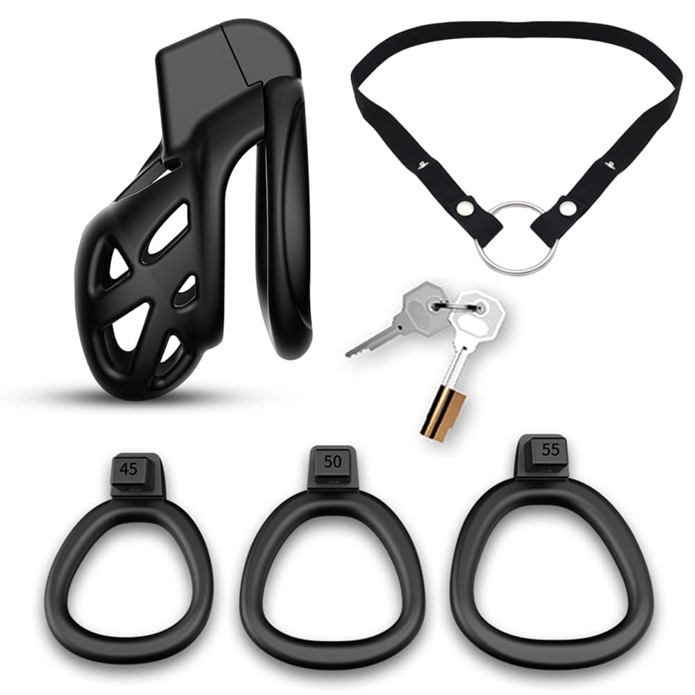 Male Chastity Device Cock Cage Set Whit Chastity Strap, Lightweight 3D Penis Cage for Men with 3 Sizes Rings, Invisible Lock Adult Abstinence Penis Exercise Bondage Belts Male Sex Toys (S)