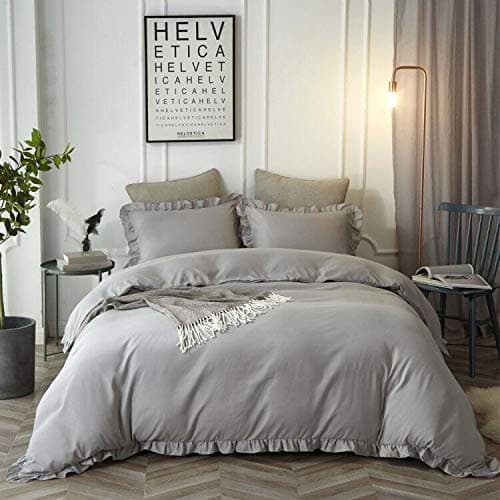 Hyprest 3 Pcs Duvet Cover King Size -Grey Duvet Cover Ruffled Comforter Cover Bedding Set With Exquisite Flouncing Duvet Quilt Cover King Size