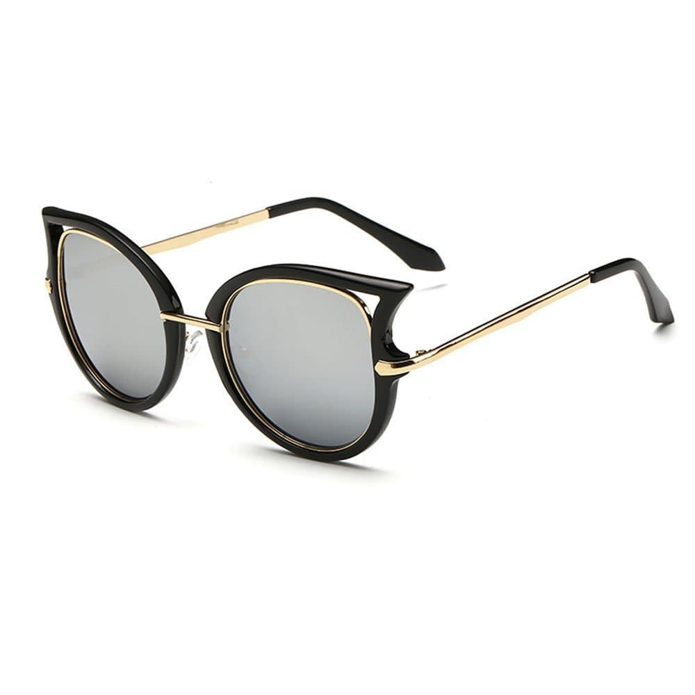 Women's Fashion Flash Mirror Vintage Cat Eye Sunglasses ( Black Frame/Silver Lens, 52)