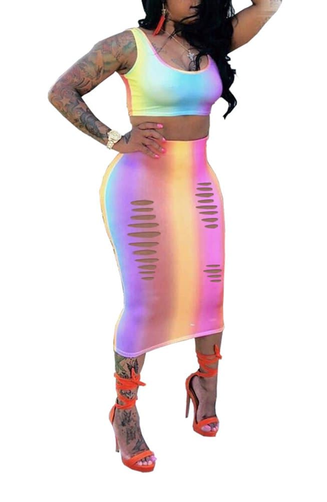 Ophestin Women Tank Stripe Print Crop Top Cut Out Bodycon 2 Piece Long Midi Pencil Dresses Outfits Skirt Set