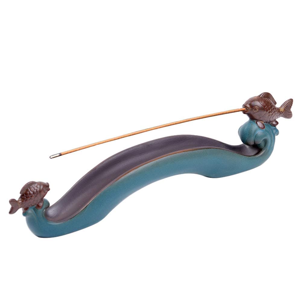 NAGU Cute Incense Holder Fish, Ceramic Incense Stick Holder Double Incense Burner, Funny Long Incense Ash Tray for Home Decoration, Yoga. Meditation, Tea