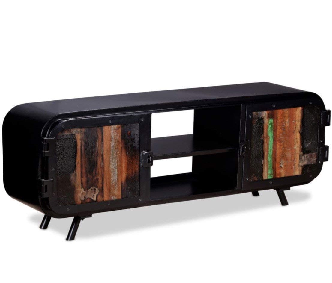 Industrial TV Stand Vintage Rustic Cabinet Large Wooden Furniture Metal Leg Unit Solid Reclaimed Wood Cupboard 2 Door Storage Sideboard Black Retro Urban Indian Style Living Room Home Media Shelf
