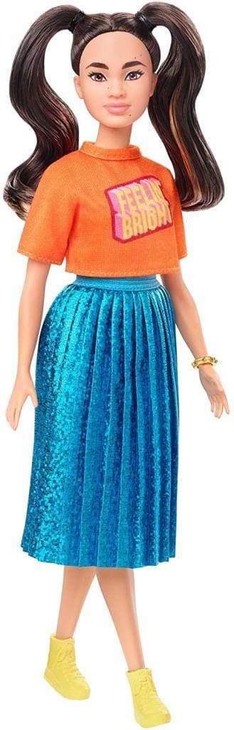 Barbie Fashionistas Doll #145 with Long Brunette Pigtails Wearing Orange T-Shirt, Shimmery Blue Skirt, Yellow Kicks & Bracelet, Toy for Kids 3 to 8 Years Old
