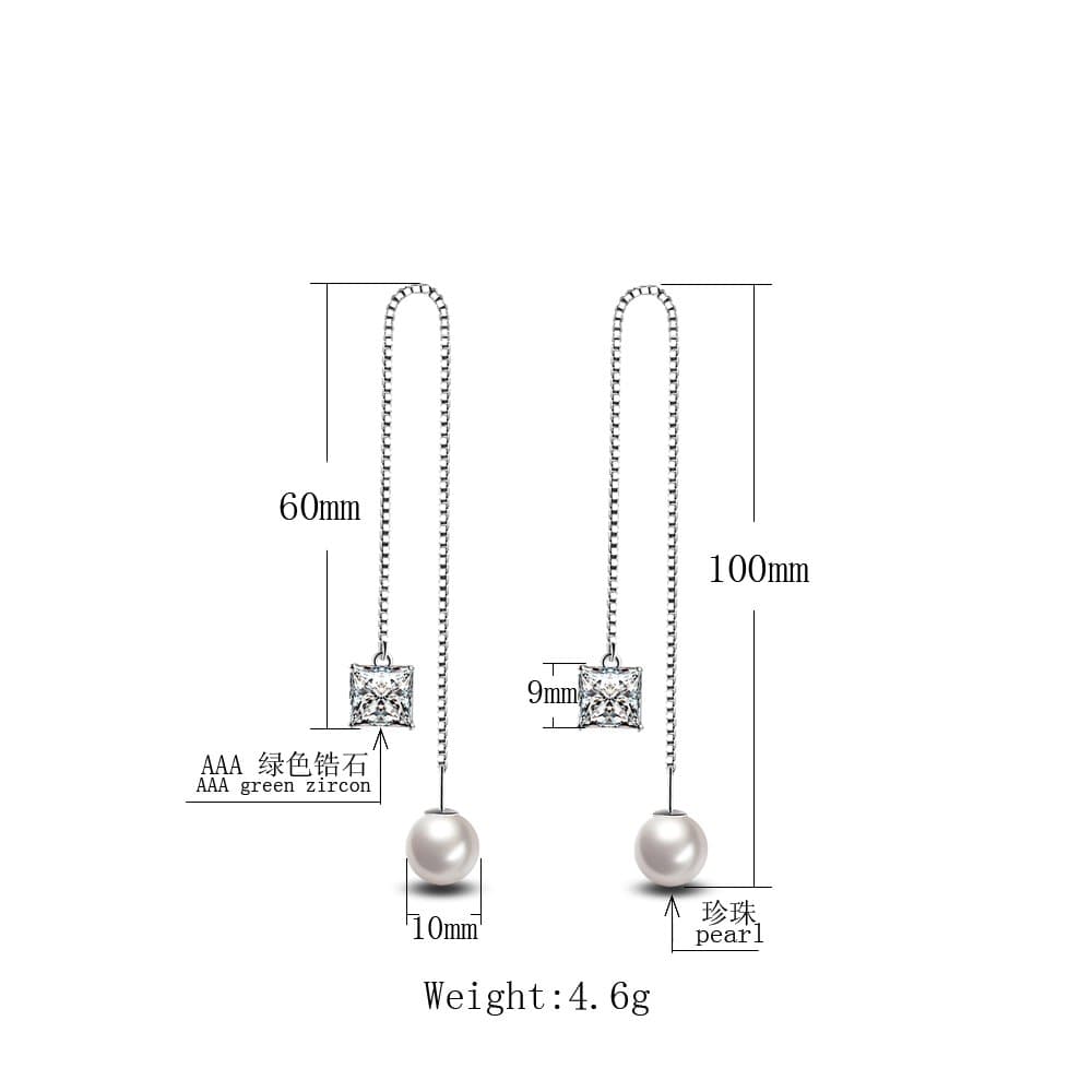 Long White Crystal-studded Silver Plated Earrings Korean Style Temperament with Pearl Zircon Drop Earrings