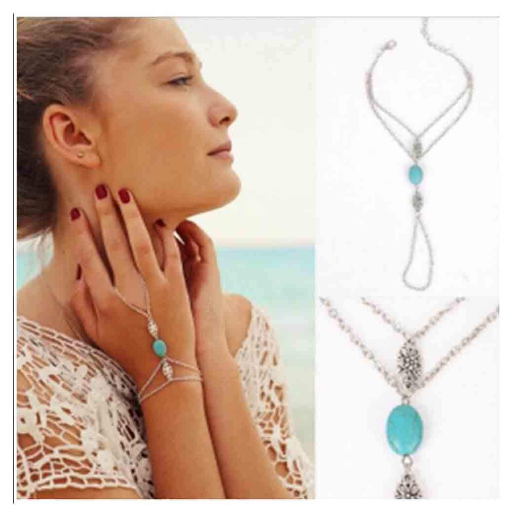 OlbyeTurquoise Finger Ring Bracelet Dainty Silver Flower Harness Bangle Chain Everyday Bracelet Jewelry Gift for Women and Girls…