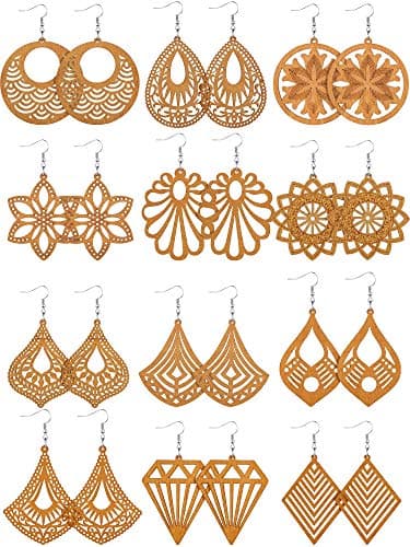 12 Pairs African Wooden Earrings for Women Bohemian Wood Ethnic Dangle Drops Bulk(Chic Styles)