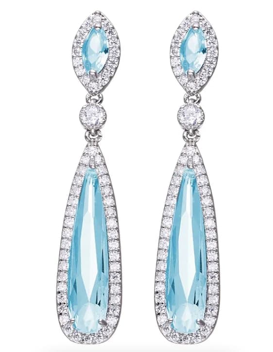 Silver Tone Antique Vintage Retro Art Deco Nouveau Style Gatsby Flapper Aquamarine Light Baby Blue Topaz Rhinestone Pear Wedding Bridesmaid Earrings