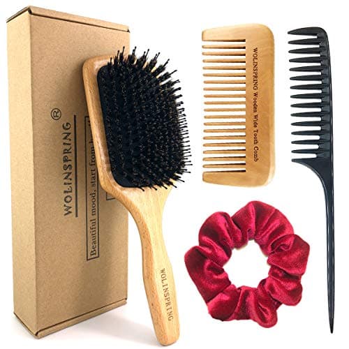 WOLINSPRING Hair Brush-Boar Bristle Hairbrush with Nylon Detangling Pins for Women Men Kids Thick Curly Thin Long Short Wet/Dry Hair, Wooden Paddle Hairbrush Enhance Health Shining Smoothing Massaging