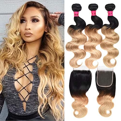 WOME Ombre Blonde Hair Weaves with Closure 8A Body Wave Brazilian Virgin Human Hair 3 Bundles Color 1b/27 Ombre Hair Bundles with 4x4 Free Part Closure (20 22 24+20 Closure)
