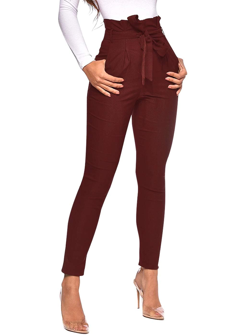 OhveraWomen's All Occasions Paper Bag Waist Pants Trousers with Tie Pockets