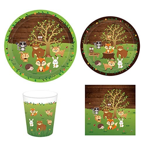 Cieovo Woodland Animals Birthday Party Supplies Set for 16 Guests Including Dinner Plates, Dessert Plates, Lunch Napkins, Cups for Baby Shower Woodland Theme birthday Animal Party
