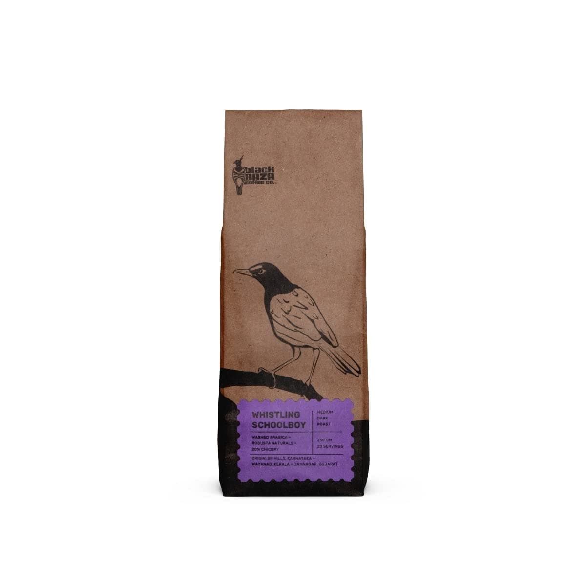 Black Baza Coffee, Whistling Schoolboy, Medium-Dark Roast, Freshly Roasted, Organic, Blend of 20% Chicory with Arabica & Robusta (Medium Fine Grind, 250 grams)